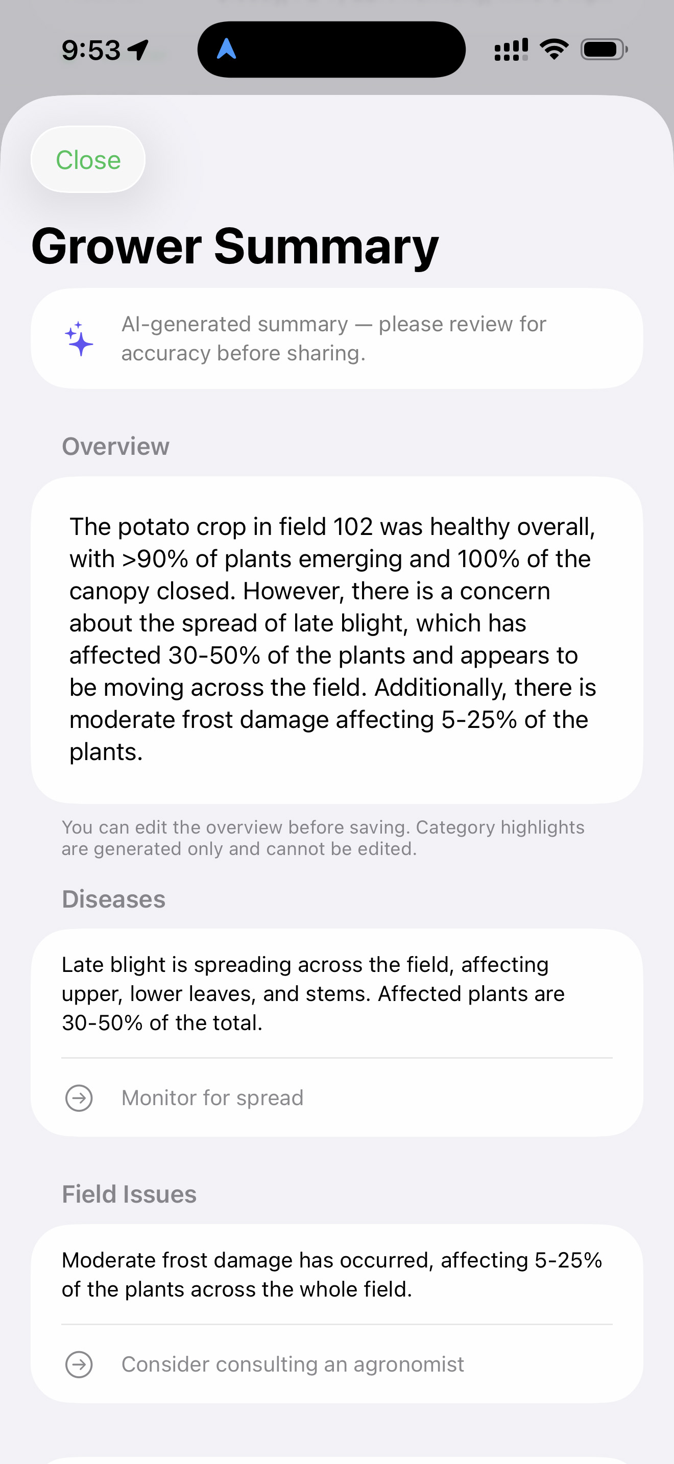 SpudScout Grower Summary screen — an AI-generated, on-device overview of a scouting session with category highlights and suggested next steps, editable before saving