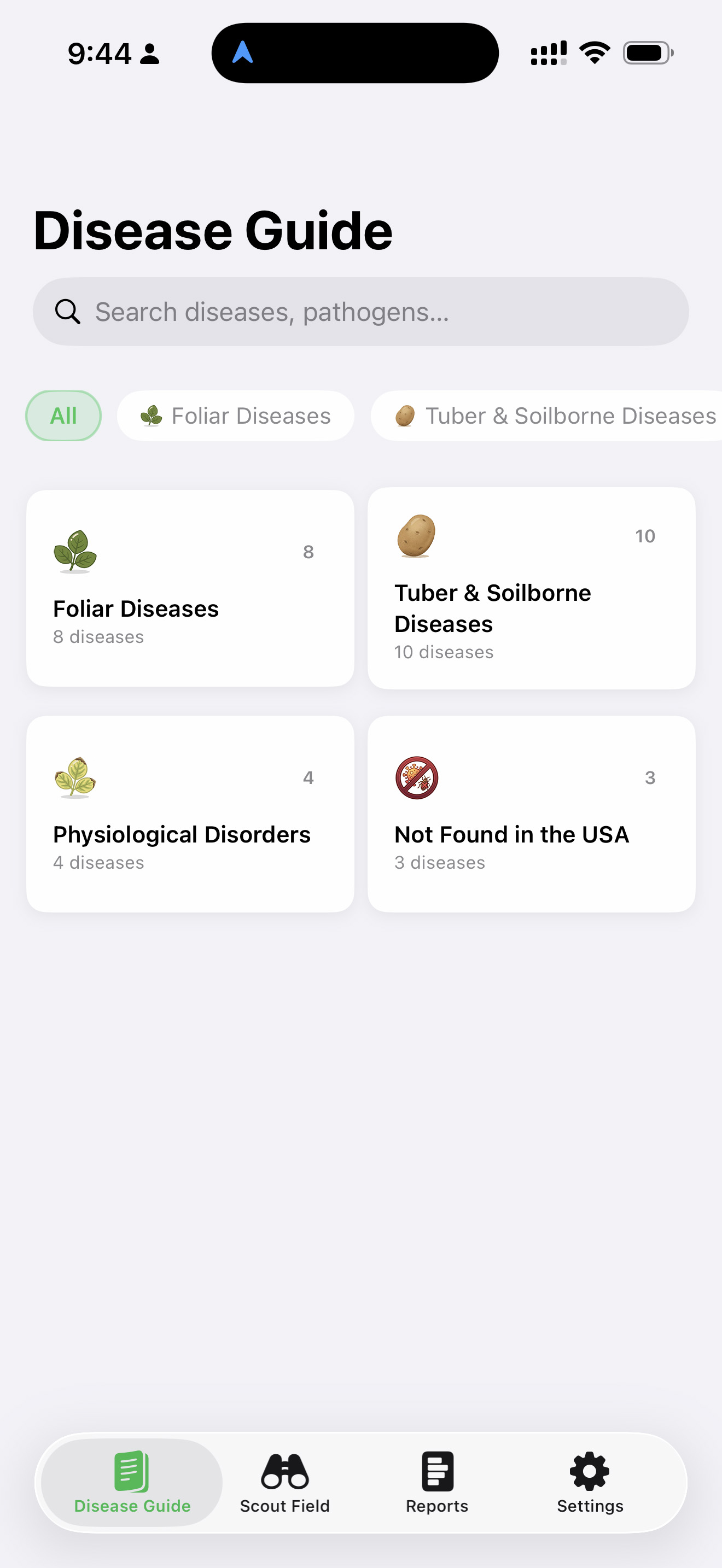 Disease Guide home — Foliar, Tuber & Soilborne, Physiological Disorders, Not Found in USA