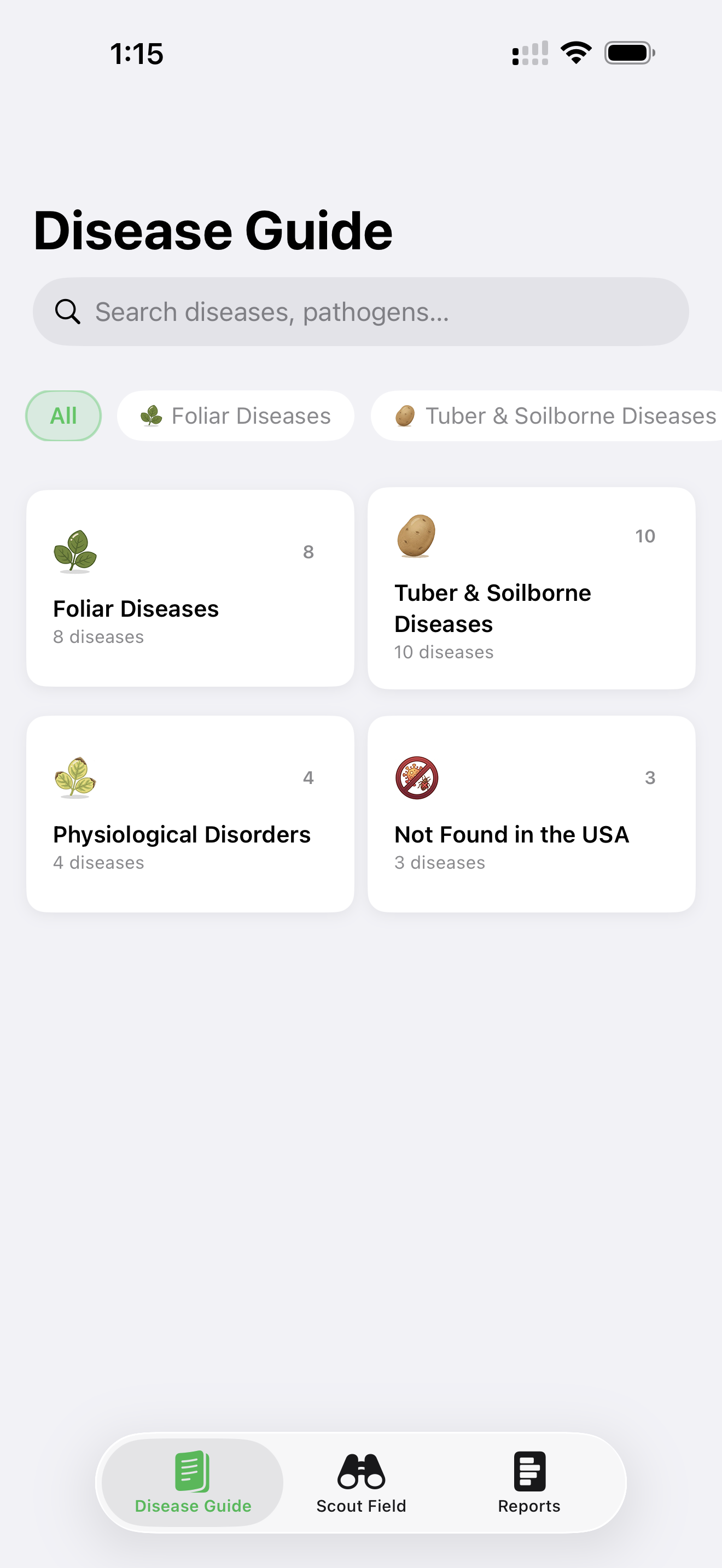 Disease Guide home — Foliar, Tuber & Soilborne, Physiological Disorders, Not Found in USA