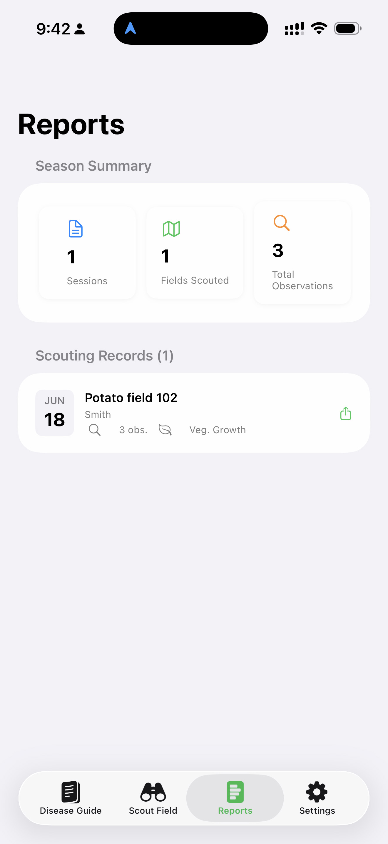 Reports tab showing season summary and scouting records ready to share